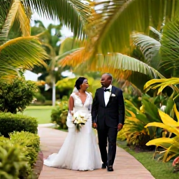 Caribbean Holidays, June Weddings, Bride and groom walking through a tropical garden in Saint Kitts after their June wedding