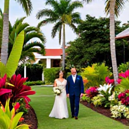 Caribbean Holidays, June Weddings, Bride and groom walking through lush tropical gardens at a Dominican Republic wedding resort, with palm trees and colourful flowers