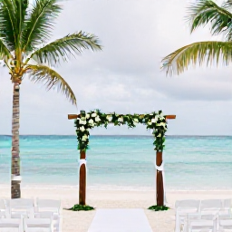 Caribbean Holidays, June Weddings, Elegant Antigua beach wedding ceremony in June with white chairs, simple flowers, palm trees and calm turquoise sea