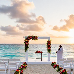 Caribbean Holidays, June Weddings, Elegant beach wedding ceremony in The Bahamas at sunset, with white chairs, tropical flowers and calm turquoise water