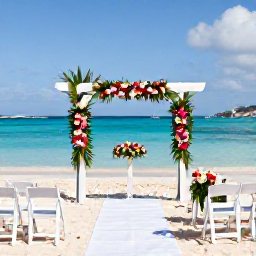 Caribbean Holidays, June Weddings, Elegant beach wedding ceremony with white chairs, tropical flowers and turquoise water on Saint Martin