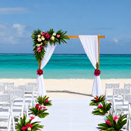 Caribbean Holidays, June Weddings, Elegant beach wedding set-up in Turks and Caicos with white chairs, tropical flowers and a turquoise Caribbean backdrop in June