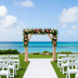 Caribbean Holidays, June Weddings, Elegant outdoor wedding ceremony at a Saint Lucia resort, decorated with simple tropical flowers and views of the Caribbean Sea