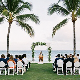 Caribbean Holidays, June Weddings, Elegant outdoor wedding ceremony beneath palms at a Saint Kitts resort, with guests seated facing the sea