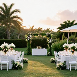 Caribbean Holidays, June Weddings, Elegant outdoor wedding reception in a Martinique garden at sunset, decorated with simple tropical flowers and white tables