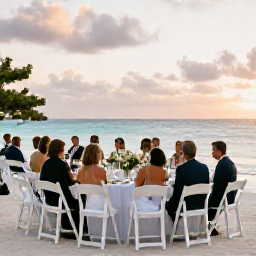 Caribbean Holidays, June Weddings, Elegant outdoor wedding reception on a Bermuda beach at sunset, with white chairs, simple flowers and guests enjoying the sea view