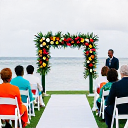 Caribbean Holidays, June Weddings, Elegant seaside wedding ceremony in Guadeloupe, white chairs, tropical flowers, calm Caribbean water and guests in summer clothing