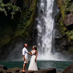 Caribbean Holidays, June Weddings, Happy wedding couple exploring a rainforest waterfall and enjoying a relaxed Saint Lucia honeymoon experience