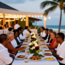 Caribbean Holidays, June Weddings, Happy wedding guests enjoying a relaxed Caribbean reception in Antigua in June, with long tables, local food and evening lights