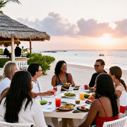 Caribbean Holidays, June Weddings, Happy wedding guests enjoying a relaxed Guadeloupe reception beside a beachfront restaurant at sunset, tropical food and drinks