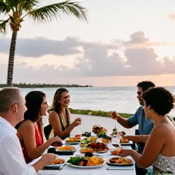 Caribbean Holidays, June Weddings, Happy wedding guests enjoying a relaxed outdoor reception beside the beach in Turks and Caicos, with tropical food and warm June evening light