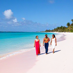 Caribbean Holidays, June Weddings, Happy wedding guests exploring Bermuda in June, walking along a pink-sand beach near clear turquoise water
