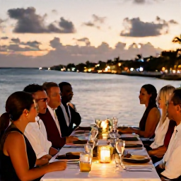 Caribbean Holidays, June Weddings, Happy wedding guests sharing a relaxed dinner at a waterfront restaurant in Sint Maarten at sunset