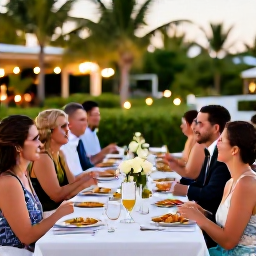 Caribbean Holidays, June Weddings, Happy wedding guests sharing a relaxed outdoor meal at a Bahamian resort, with tropical greenery and evening lights