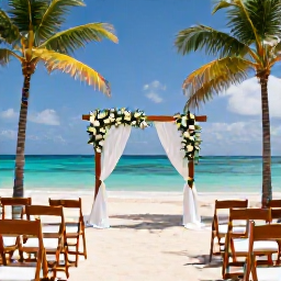 Caribbean Holidays, June Weddings, Jamaican beach wedding ceremony decorated with simple white flowers, wooden chairs, palm trees and a turquoise Caribbean backdrop