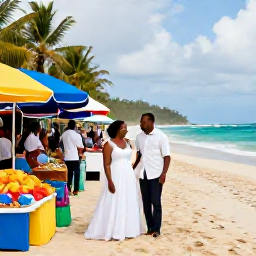 Caribbean Holidays, June Weddings, Newly married couple exploring a colourful Jamaican market and coastline after their June wedding, with friendly local atmosphere and tropical scenery