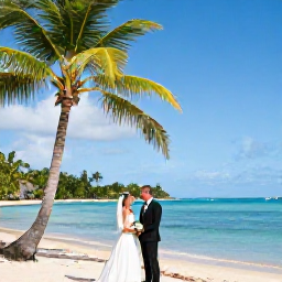 Caribbean Holidays, June Weddings, Newly married couple exploring Antigua after their June wedding, near a scenic beach with palm trees and clear blue water