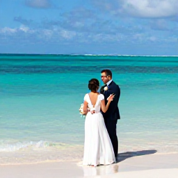 Caribbean Holidays, June Weddings, Newly married couple exploring the turquoise shallows and white sand of Turks and Caicos after their June wedding