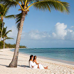Caribbean Holidays, June Weddings, Newly married couple relaxing on a Dominican Republic beach after their June wedding, with palm trees, white sand and calm blue water