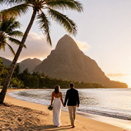 Caribbean Holidays, June Weddings, Newly married couple walking barefoot along a palm-fringed Saint Lucia beach at sunset, with the Pitons in the distance