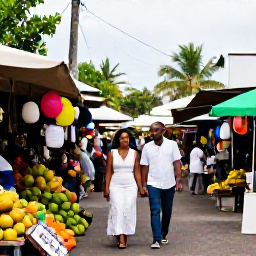 Caribbean Holidays, June Weddings, Newly married couple walking through a colourful Martinique market with tropical fruit and local crafts