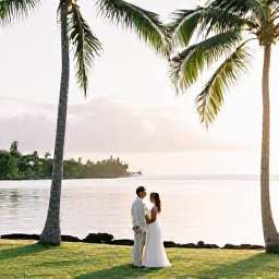 Caribbean Holidays, June Weddings, Newlywed couple beside a calm Martinique lagoon at golden hour, dressed in light wedding clothes and surrounded by palm trees