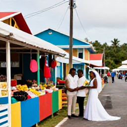 Caribbean Holidays, June Weddings, Newlywed couple exploring a Guadeloupe market and coastal town after their wedding, colourful stalls, Creole architecture and tropical surroundings
