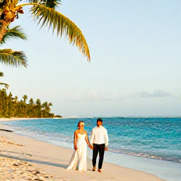 Caribbean Holidays, June Weddings, Newlywed couple walking along a bright Guadeloupe beach in June, turquoise sea, palm trees and soft afternoon light