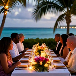 Caribbean Holidays, June Weddings, Newlyweds and their guests enjoying an elegant outdoor wedding dinner in St Barts, with tropical flowers, candles and a view of the Caribbean