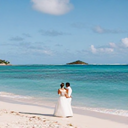 Caribbean Holidays, June Weddings, Newlyweds celebrating on a quiet golden beach in Saint Kitts with Nevis visible across the water