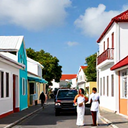 Caribbean Holidays, June Weddings, Newlyweds exploring a colourful Caribbean street and harbour in Saint Martin and Sint Maarten