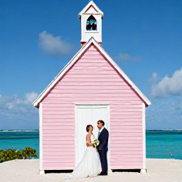 Caribbean Holidays, June Weddings, Newlyweds standing beside a pastel Bermuda seaside chapel with turquoise water and bright June sunshine