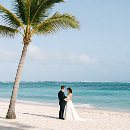 Caribbean Holidays, June Weddings, Newlyweds standing beside a turquoise Bahamian sea on a bright June morning, with soft white sand and palm trees