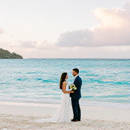 Caribbean Holidays, June Weddings, Newlyweds standing on a sandy Caribbean beach in St Thomas, United States Virgin Islands, with turquoise sea and soft morning light