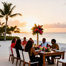 Caribbean Holidays, June Weddings, Outdoor Dominican Republic wedding reception at sunset, with decorated tables, tropical flowers and guests enjoying dinner near the beach