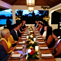Caribbean Holidays, June Weddings, Outdoor Puerto Rican wedding reception with long tables, local flowers, lanterns and guests enjoying a warm evening