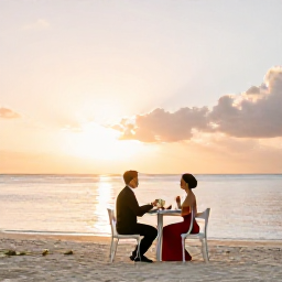 Caribbean Holidays, June Weddings, Romantic newlywed dinner for two on a quiet Turks and Caicos beach at sunset in June