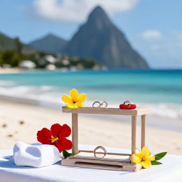Caribbean Holidays, June Weddings, Saint Lucia wedding details including tropical flowers, wedding rings, white linen and a small decorated table overlooking the sea