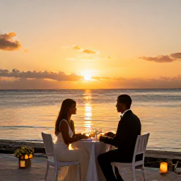 Caribbean Holidays, June Weddings, Wedding couple enjoying a candlelit dinner on a beachfront terrace in Saint Kitts at sunset