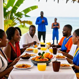Caribbean Holidays, June Weddings, Wedding guests sharing a relaxed Haitian reception meal outdoors, with colourful local dishes, tropical fruit and live musicians