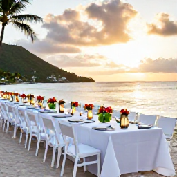Caribbean Holidays, June Weddings, Wedding reception at a beachfront restaurant in the US Virgin Islands at sunset, with long tables, lanterns and tropical flowers