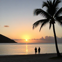 Caribbean Holidays, June Wellness, A couple watching a calm sunset from a quiet beach in the United States Virgin Islands, with silhouettes of palm trees and warm evening light over the Caribbean Sea