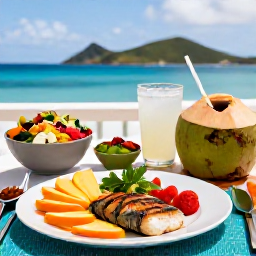 Caribbean Holidays, June Wellness, A healthy Caribbean lunch with fresh tropical fruit, grilled fish, colourful salad and coconut water on a shaded terrace overlooking the sea in the United States Virgin Islands