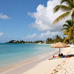 Caribbean Holidays, June Wellness, A peaceful beach in St Thomas, United States Virgin Islands, with calm turquoise water, soft sand, palm trees and a person relaxing beneath a shaded sun umbrella