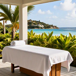 Caribbean Holidays, June Wellness, A quiet spa terrace in St Croix, United States Virgin Islands, with a treatment table, tropical plants, soft towels and a view towards the Caribbean Sea