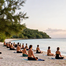 Caribbean Holidays, June Wellness, An outdoor yoga session at sunrise on a quiet Caribbean beach in St John, United States Virgin Islands, with tropical greenery and calm sea in the background