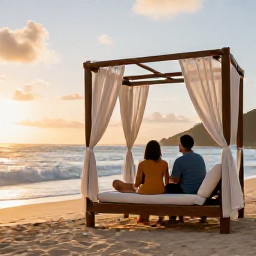Caribbean Holidays, June Wellness, Couple relaxing in quiet beach cabana at sunset on Saint Martin, gentle waves, warm golden light and peaceful Caribbean scenery