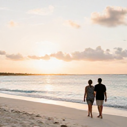 Caribbean Holidays, June Wellness, Couple walking along Grace Bay Beach at sunset in Turks and Caicos, soft golden light and peaceful sea