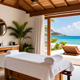 Caribbean Holidays, June Wellness, Elegant Caribbean spa treatment room with natural wood, white towels, tropical plants and a view towards the sea on Saint Martin