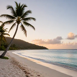 Caribbean Holidays, June Wellness Escape, A quiet sandy beach in the British Virgin Islands at sunrise, calm turquoise water, palm trees and a peaceful wellness holiday atmosphere